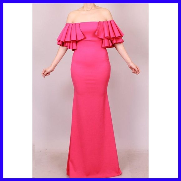 NWT Ruffled Off Shoulder Mermaid Maxi Dress Green - Picture 5 of 6